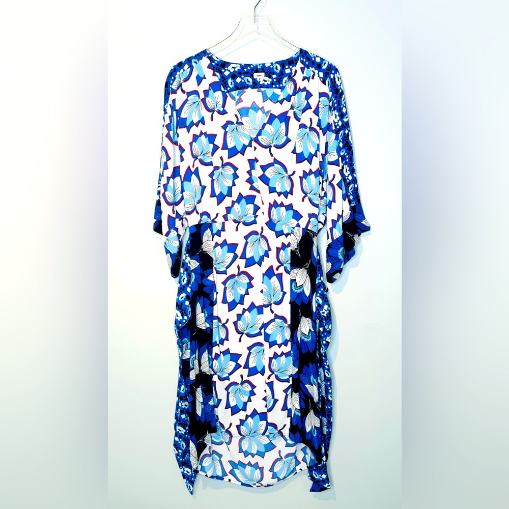 Warm Leaf Kimono Printed Midi Waist Tie Blue White Dress Size 0 - Picture 15 of 16